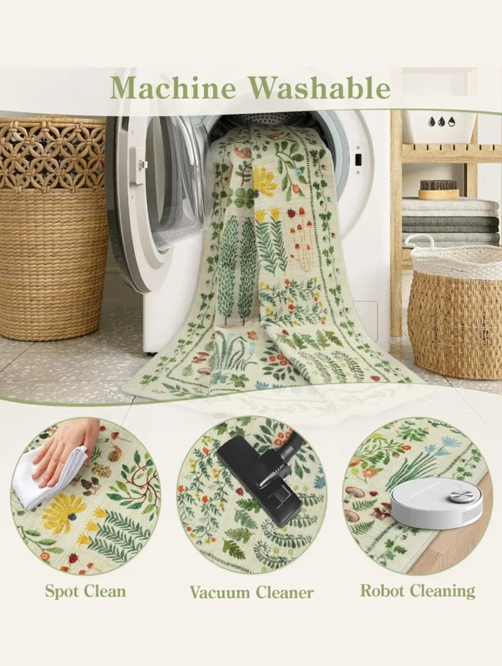NWT 3'x5' Botanical Greenery Area Rug Non-Slip Machine Washable In Cream/Green
